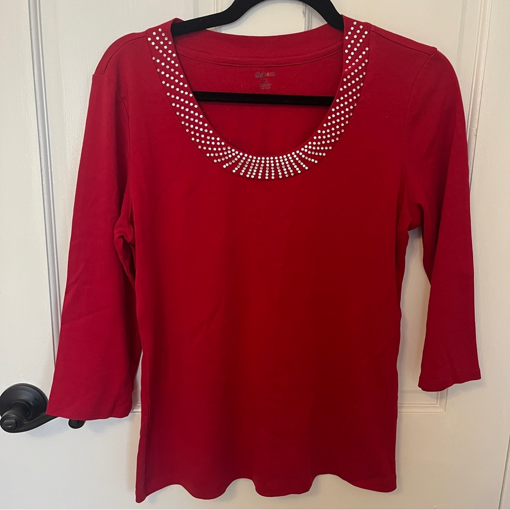 🩷 Style & Co Red 3/4 Sleeve Rhinestone Scoop Neck Top